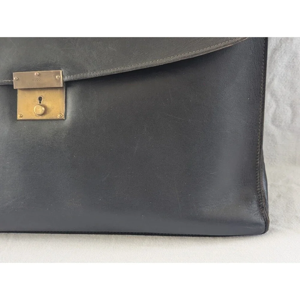 Vintage Gucci Black Leather Briefcase Satchel Attache Push Lock Made in Italy